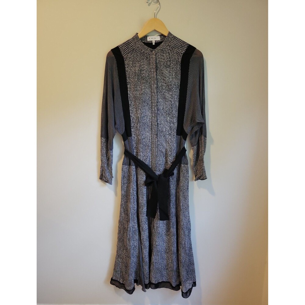 Reiss Tanis Mixed Print Midi Dress Belted Black Long Sleeve US 6 Career Chic - Picture 2 of 11